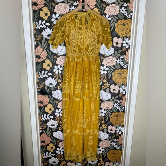 PinkBlush Mustard Lace Overlay Maternity Maxi Dress Boho Women Size Medium - Picture 7 of 11